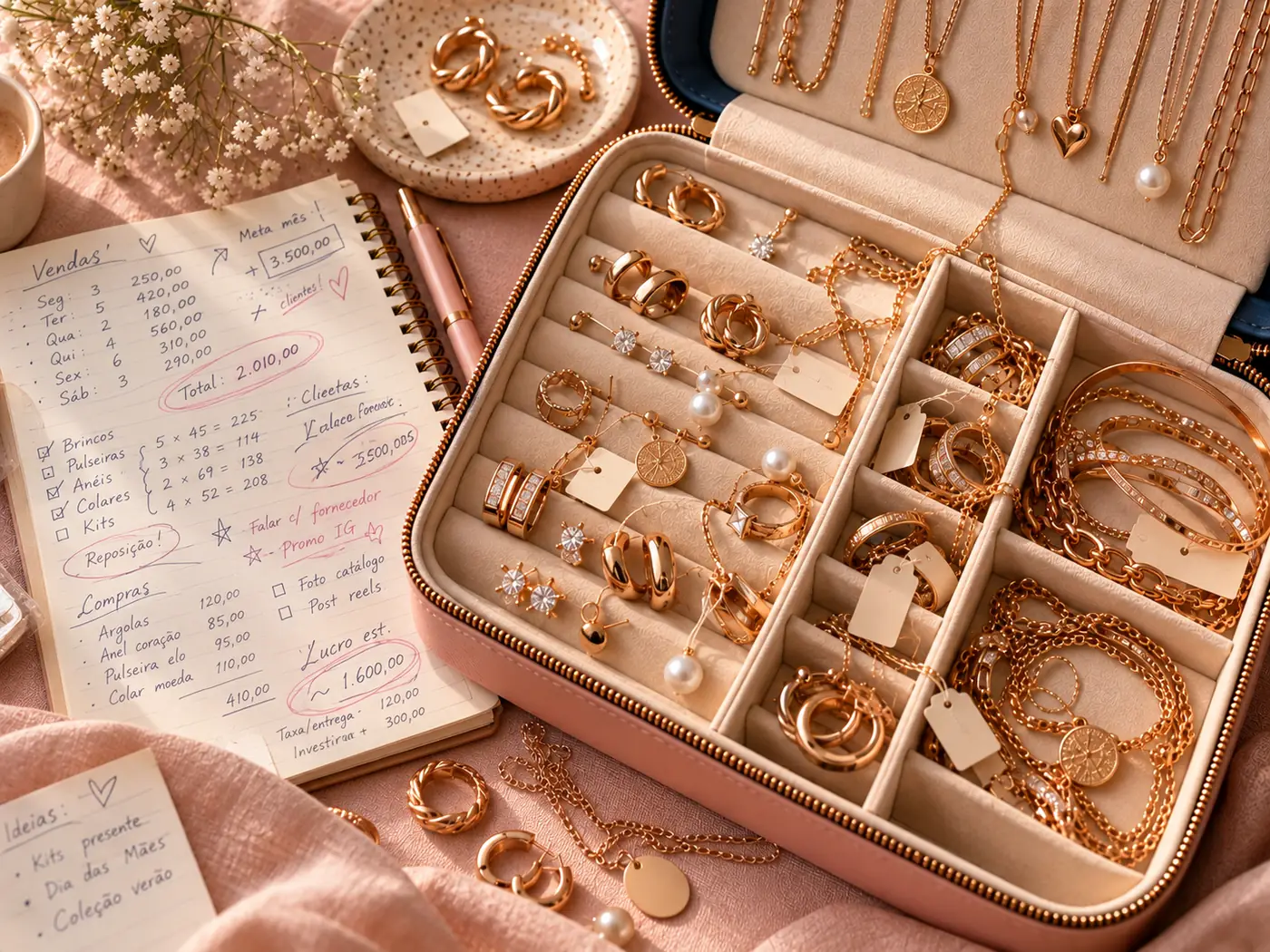 Caderno com anotações de vendas ao lado de uma maleta aberta com semijoias douradas
